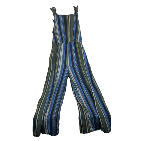 The Get linen jumpsuit striped green women’s large boho coastal summer - Picture 2 of 12